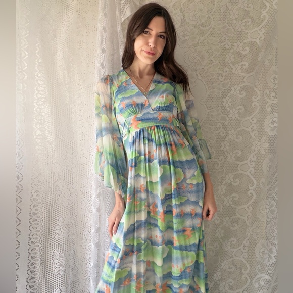 Vintage 70s Bird Print Cloudscape Maxi Dress Boho Flutter Sleeve Empire Waist - Picture 15 of 17